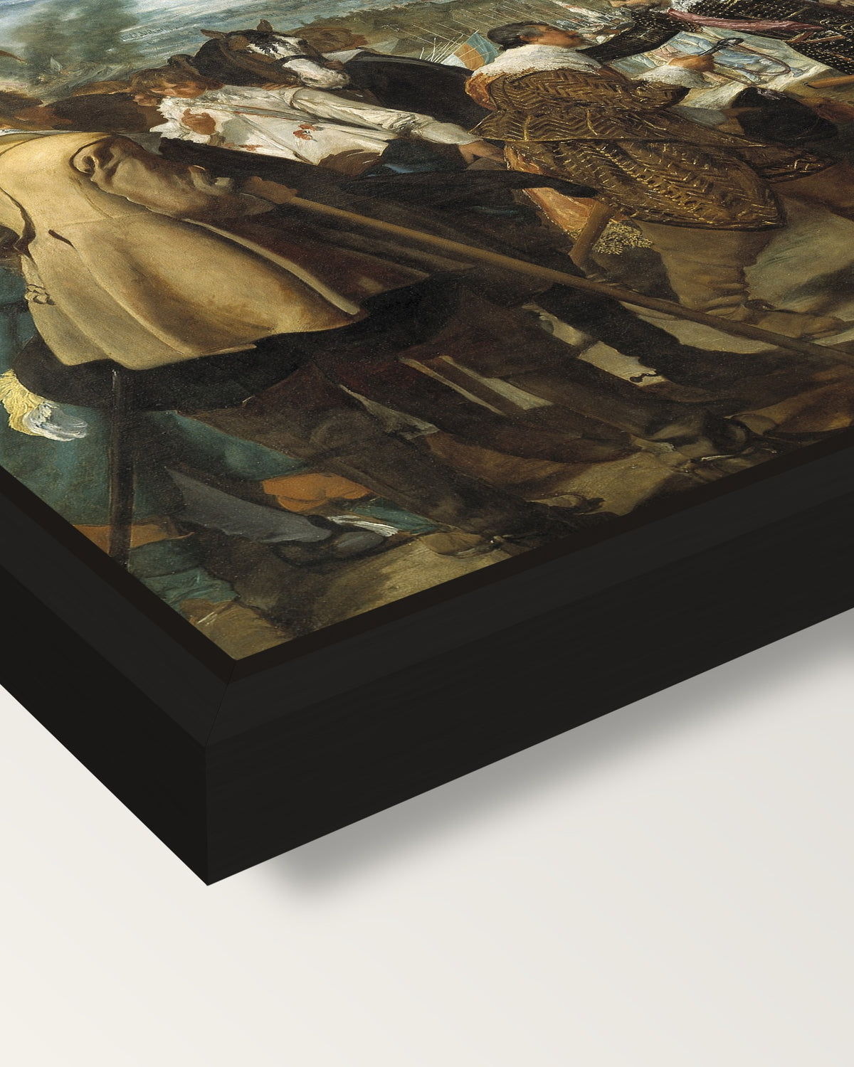 The Surrender of Breda by Velázquez framed canvas, corner close-up: a black floating frame with a shadow gap round the canvas