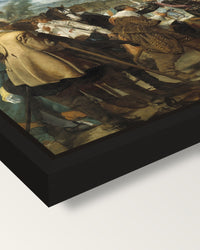 The Surrender of Breda by Velázquez framed canvas, corner close-up: a black floating frame with a shadow gap round the canvas
