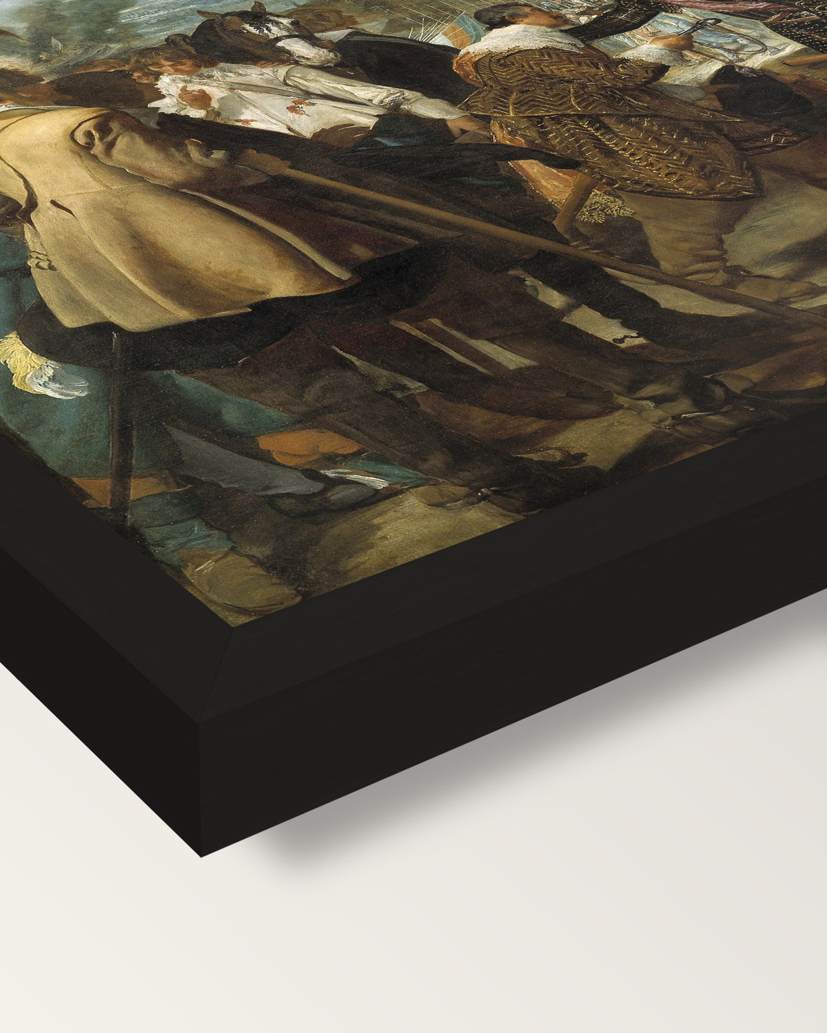 The Surrender of Breda by Velázquez framed print, corner close-up: black moulding, mitred, the print set just below its edge