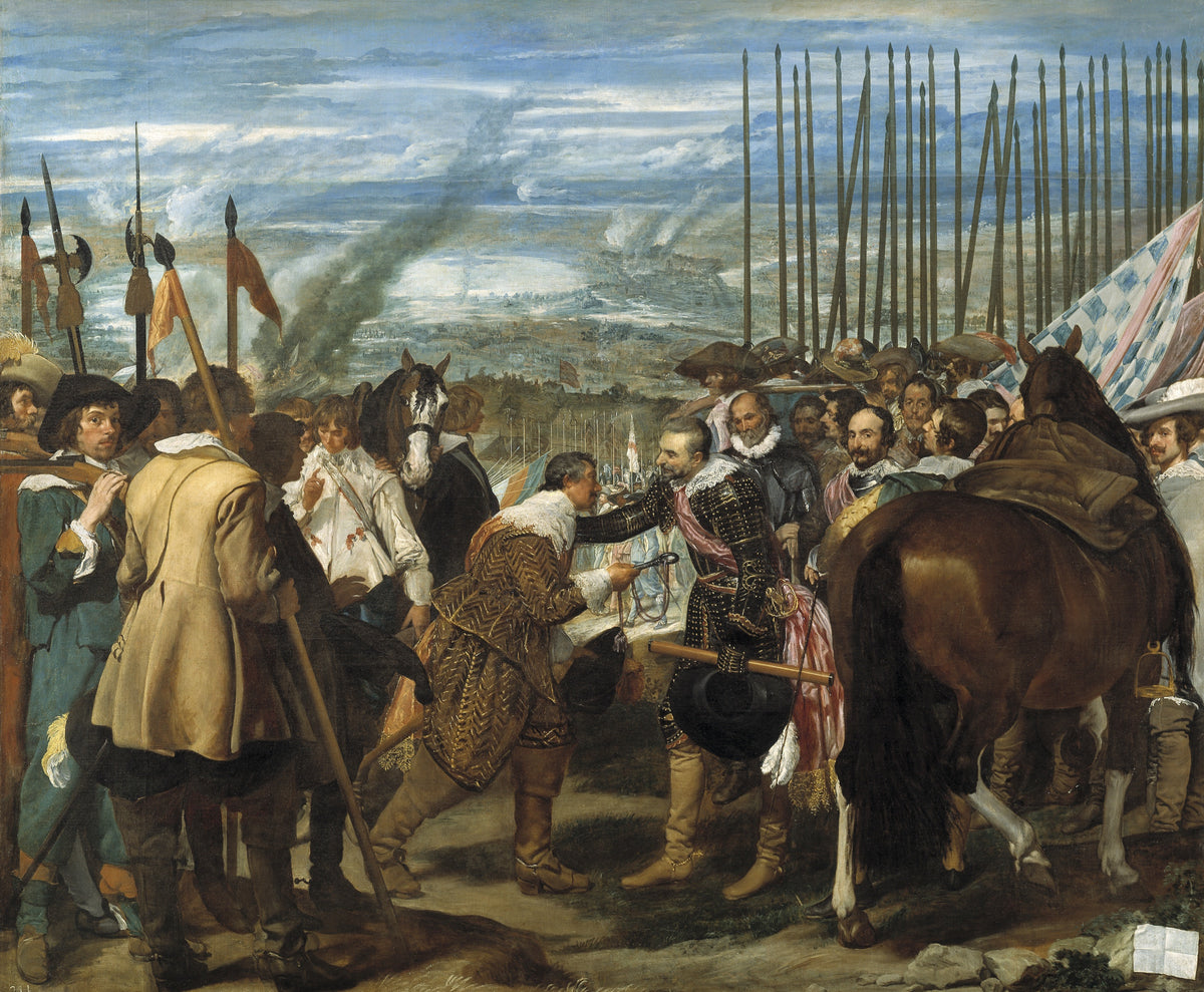 The Surrender of Breda by Diego Velázquez: two commanders meet as one hands over a key, soldiers with tall lances behind