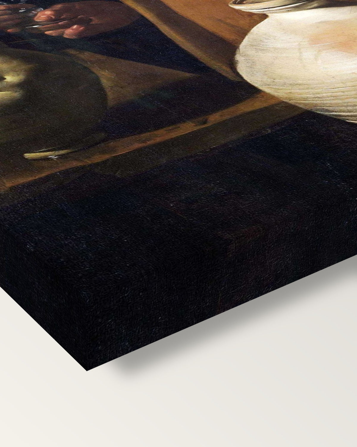 The Waterseller of Seville by Velázquez on stretched canvas, corner close-up: the painting mirror-wrapped round the sides