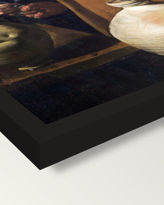The Waterseller of Seville framed print, corner close-up: black moulding, mitred, the print set just below its edge