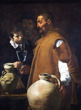The Waterseller of Seville by Velázquez: an old man in a brown cloak hands a boy a glass of water beside huge clay jars