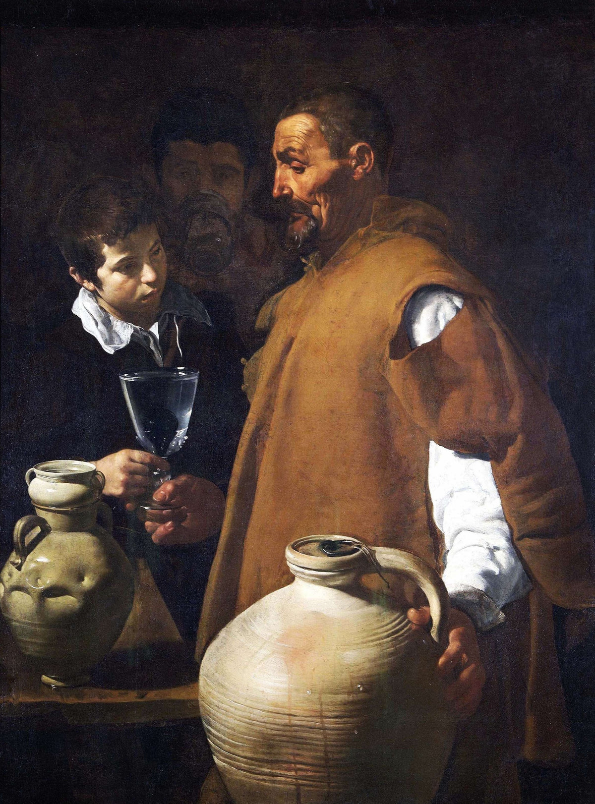 The Waterseller of Seville by Velázquez: an old man in a brown cloak hands a boy a glass of water beside huge clay jars