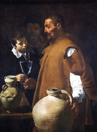 The Waterseller of Seville by Velázquez: an old man in a brown cloak hands a boy a glass of water beside huge clay jars