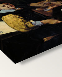 Three Musicians by Diego Velázquez on stretched canvas, corner close-up: the painting mirror-wrapped round the sides
