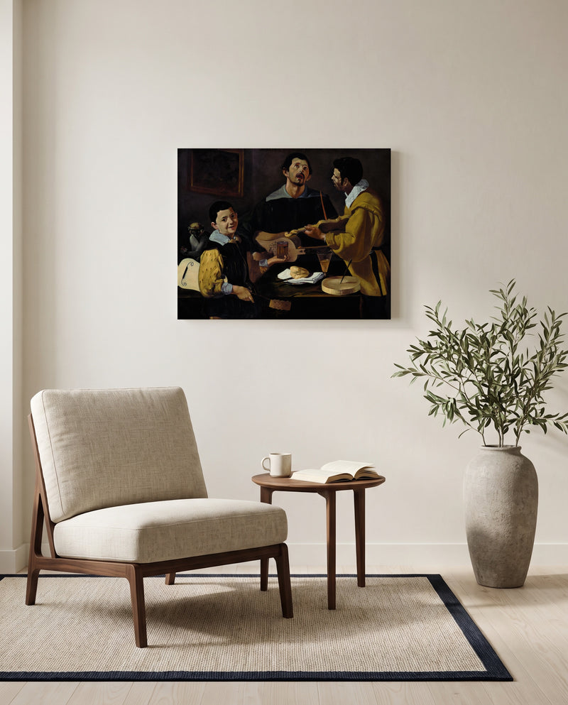 Three Musicians by Diego Velázquez as a stretched canvas above a linen lounge chair in a reading corner