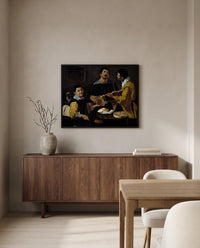 Three Musicians by Diego Velázquez in a black frame above a walnut sideboard in a dining room