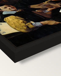 Three Musicians by Diego Velázquez framed canvas, corner close-up: a black floating frame with a shadow gap round the canvas