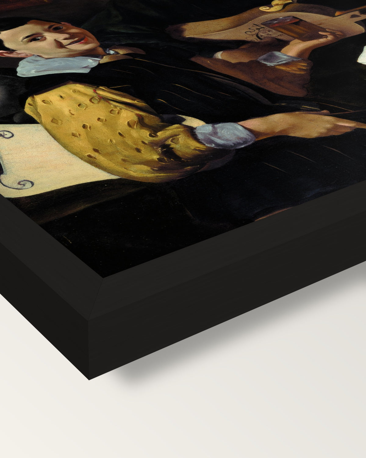 Three Musicians by Diego Velázquez framed print, corner close-up: black moulding, mitred, the print set just below its edge