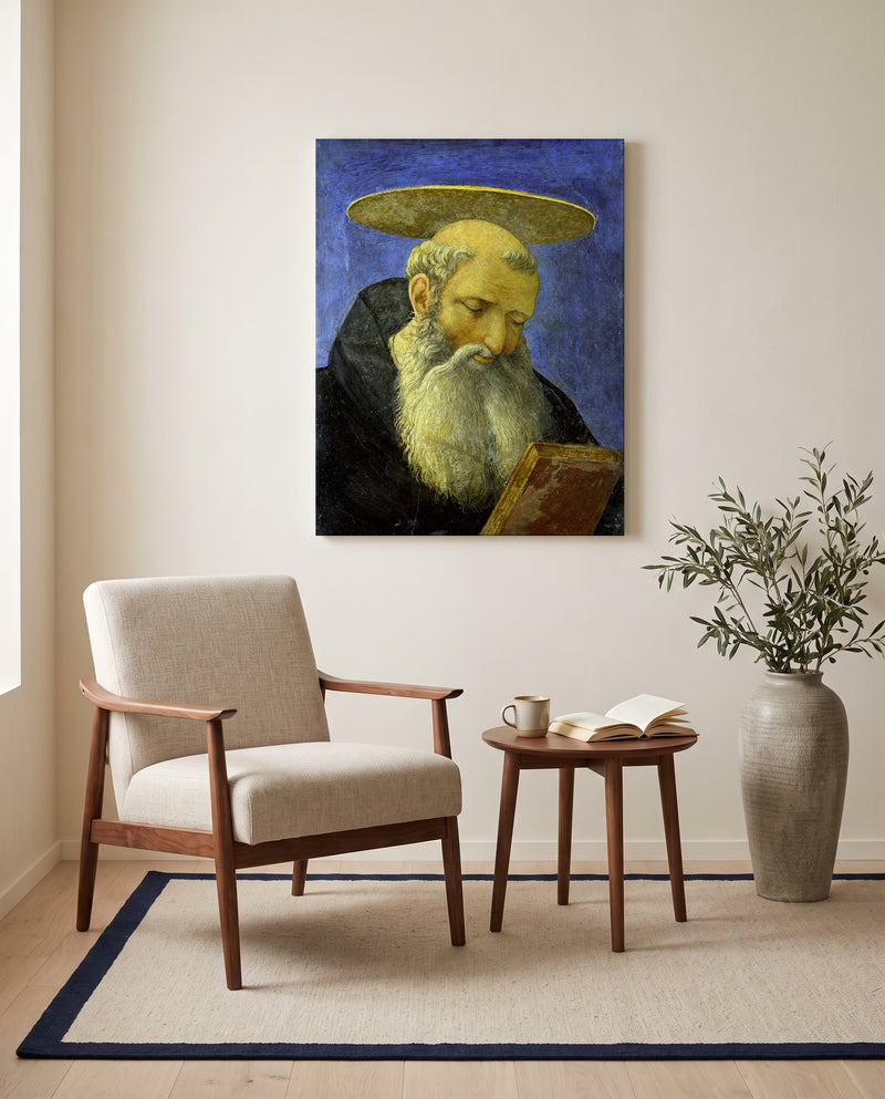 Head of a Bearded Saint by Domenico Veneziano as a stretched canvas above a linen lounge chair in a reading corner