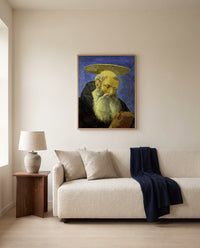 Head of a Bearded Saint by Domenico Veneziano framed in natural oak above a cream sofa in a warm living room