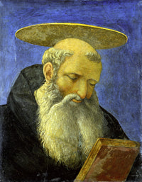 Head of a Bearded Saint by Domenico Veneziano: a white-bearded friar with downcast eyes, a red book and a gold halo
