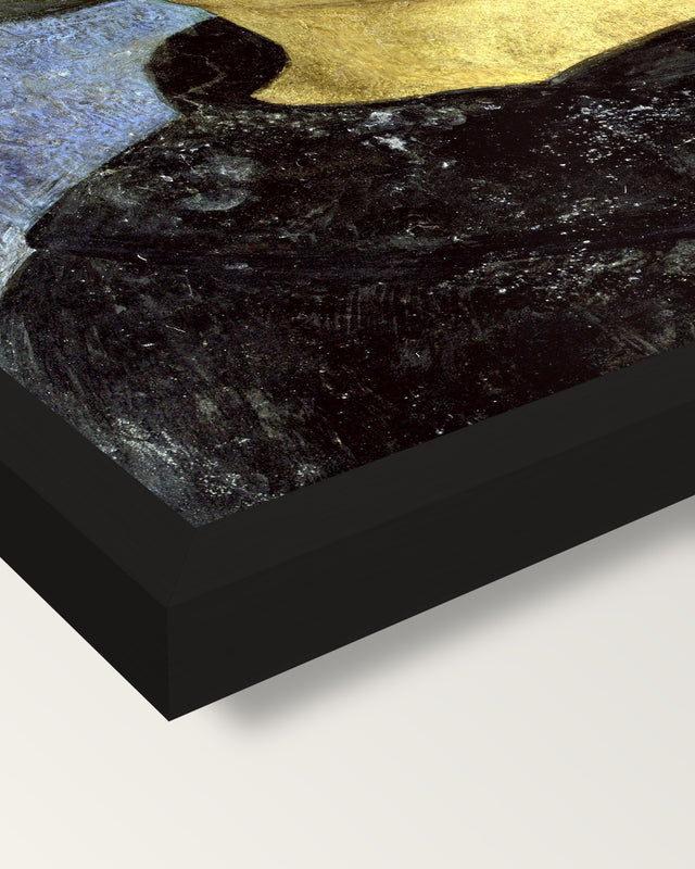 Head of a Beardless Saint framed print, corner close-up: black moulding, mitred, the print set just below its edge
