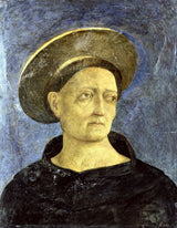 Head of a Beardless Saint by Domenico Veneziano: a friar in a dark robe with a gold halo tilted on his head, on blue