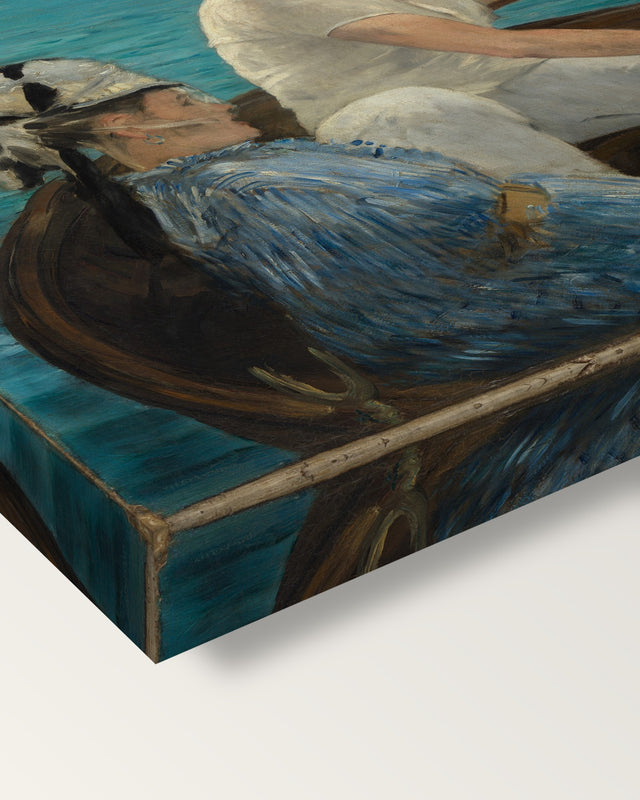 Boating by Édouard Manet on stretched canvas, corner close-up: the painting mirror-wrapped round the sides
