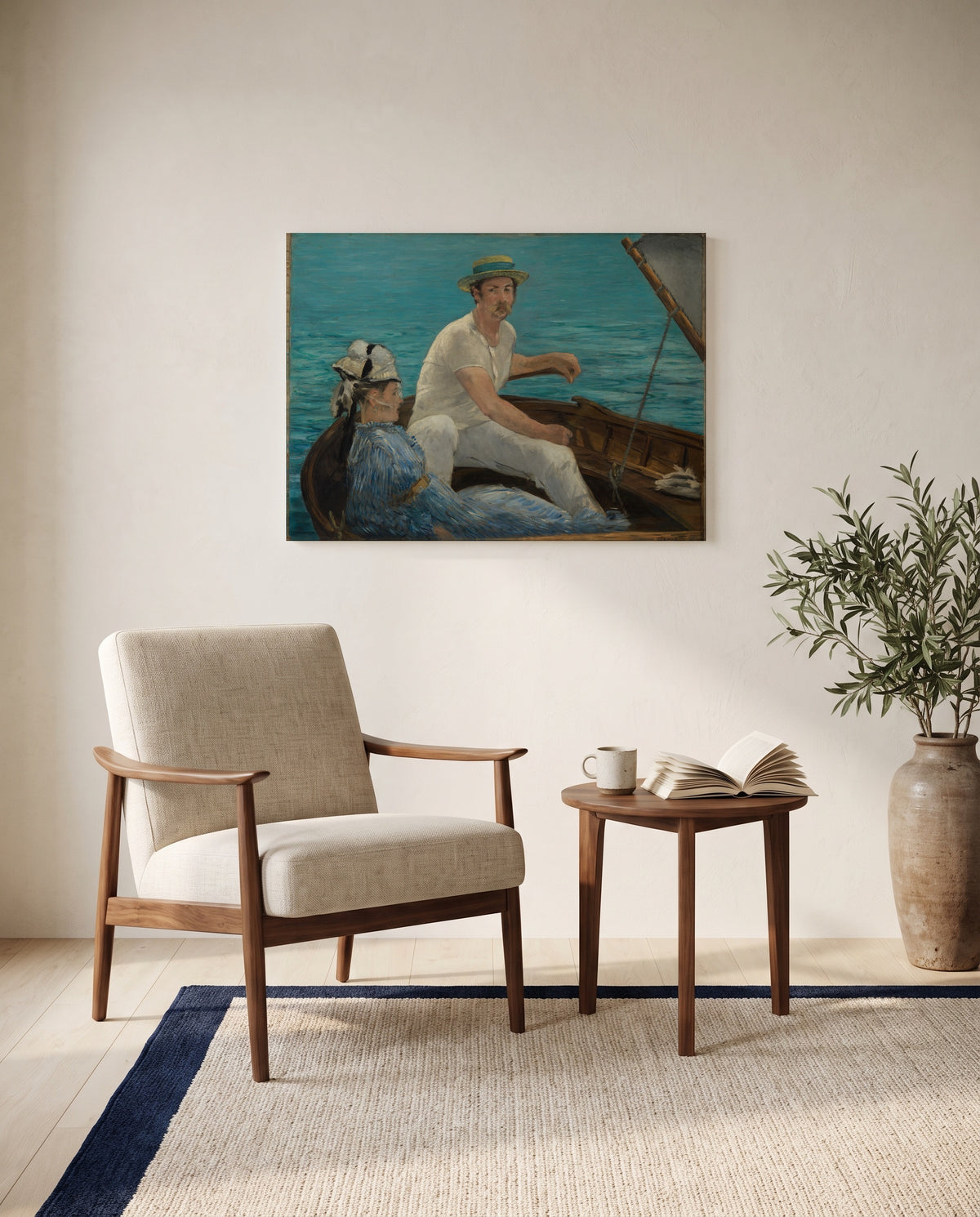 Boating by Édouard Manet as a stretched canvas above a linen lounge chair in a reading corner