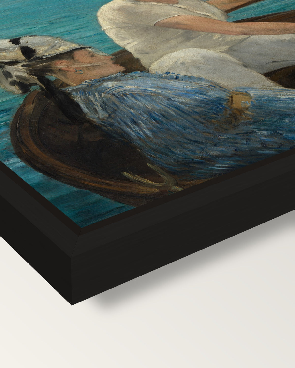 Boating by Édouard Manet framed canvas, corner close-up: a black floating frame with a shadow gap round the canvas