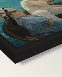 Boating by Édouard Manet framed canvas, corner close-up: a black floating frame with a shadow gap round the canvas