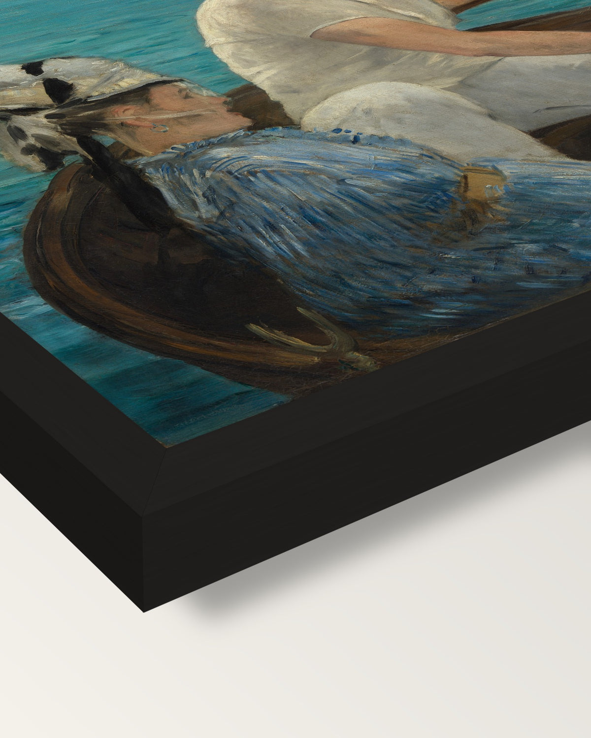 Boating by Édouard Manet framed print, corner close-up: black moulding, mitred, the print set just below its edge
