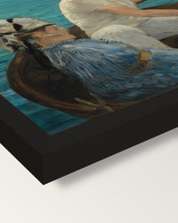 Boating by Édouard Manet framed print, corner close-up: black moulding, mitred, the print set just below its edge