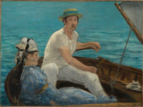 Boating by Édouard Manet: a man in white with a straw hat steering a sailboat beside a woman in blue on bright blue water