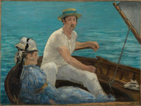 Boating by Édouard Manet: a man in white with a straw hat steering a sailboat beside a woman in blue on bright blue water
