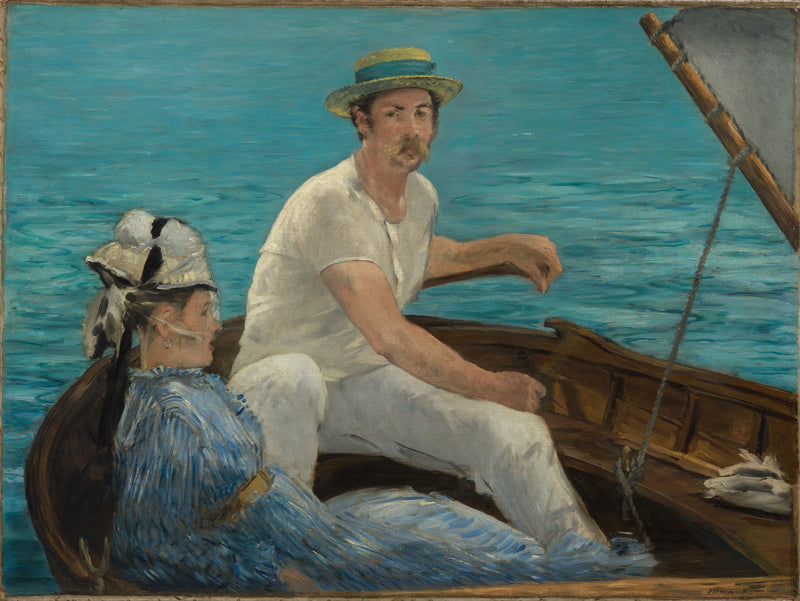 Boating by Édouard Manet: a man in white with a straw hat steering a sailboat beside a woman in blue on bright blue water
