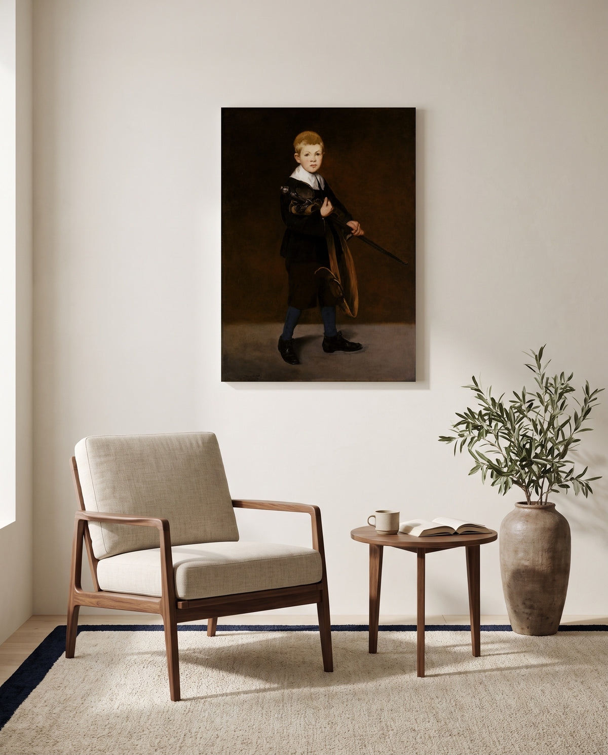 Boy Carrying a Sword by Édouard Manet as a stretched canvas above a linen lounge chair in a reading corner