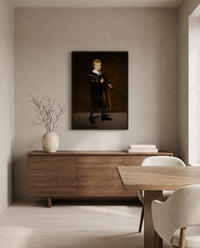 Boy Carrying a Sword by Édouard Manet in a black frame above a walnut sideboard in a dining room