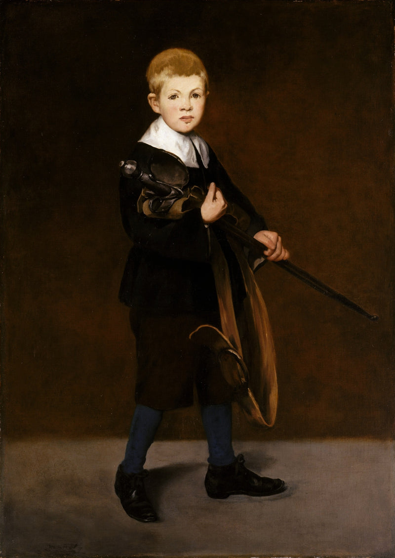 Boy Carrying a Sword by Édouard Manet: a small boy in a black velvet suit and white collar holding a large sword and belt