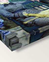 In the Conservatory by Édouard Manet on stretched canvas, corner close-up: the painting mirror-wrapped round the sides