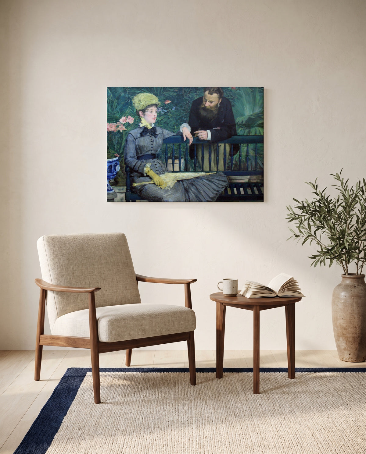In the Conservatory by Édouard Manet as a stretched canvas above a linen lounge chair in a reading corner