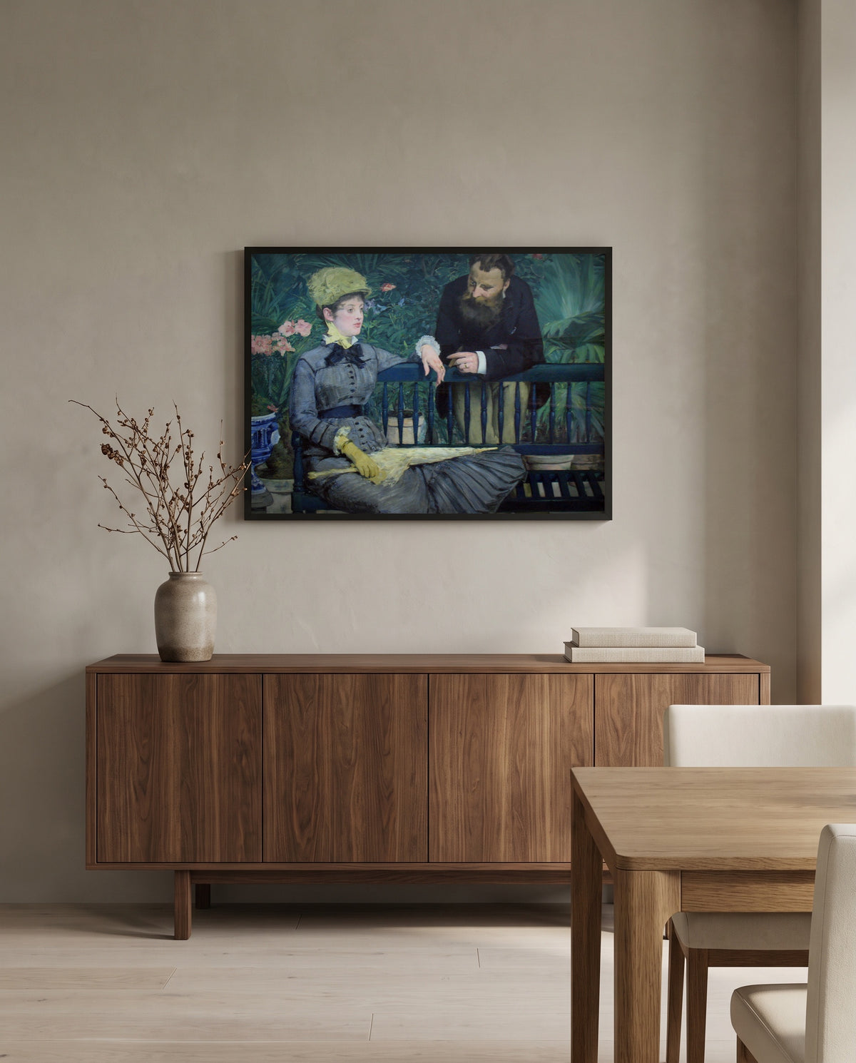 In the Conservatory by Édouard Manet in a black frame above a walnut sideboard in a dining room