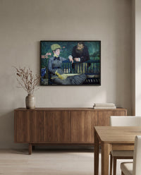 In the Conservatory by Édouard Manet in a black frame above a walnut sideboard in a dining room