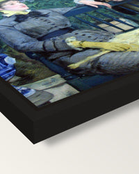 In the Conservatory by Manet framed canvas, corner close-up: a black floating frame with a shadow gap round the canvas