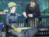 In the Conservatory by Édouard Manet: a woman in grey on a green bench, a bearded man leaning behind her among plants