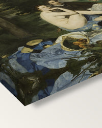 Le Déjeuner sur l’herbe by Édouard Manet on stretched canvas, corner close-up: the painting mirror-wrapped round the sides