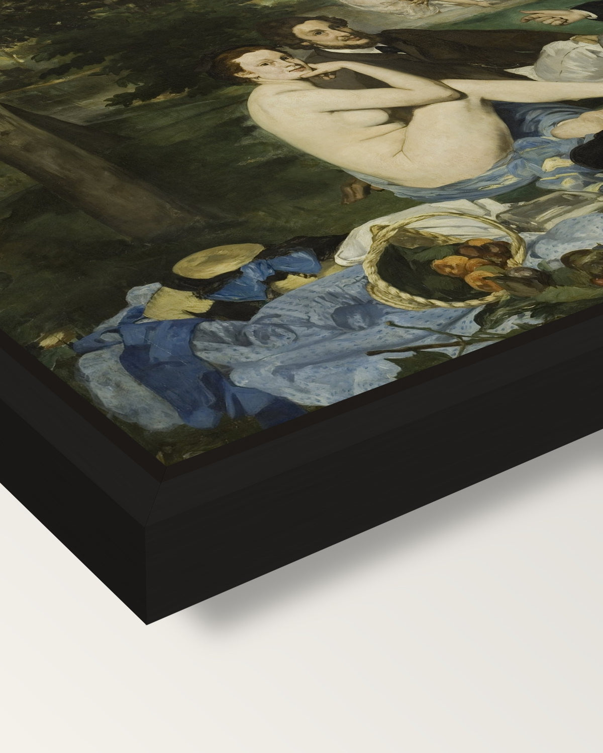 Le Déjeuner sur l’herbe by Manet framed canvas, corner close-up: a black floating frame with a shadow gap round the canvas