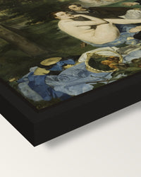Le Déjeuner sur l’herbe by Manet framed canvas, corner close-up: a black floating frame with a shadow gap round the canvas