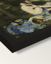 Le Déjeuner sur l’herbe by Manet framed print, corner close-up: black moulding, mitred, the print set just below its edge