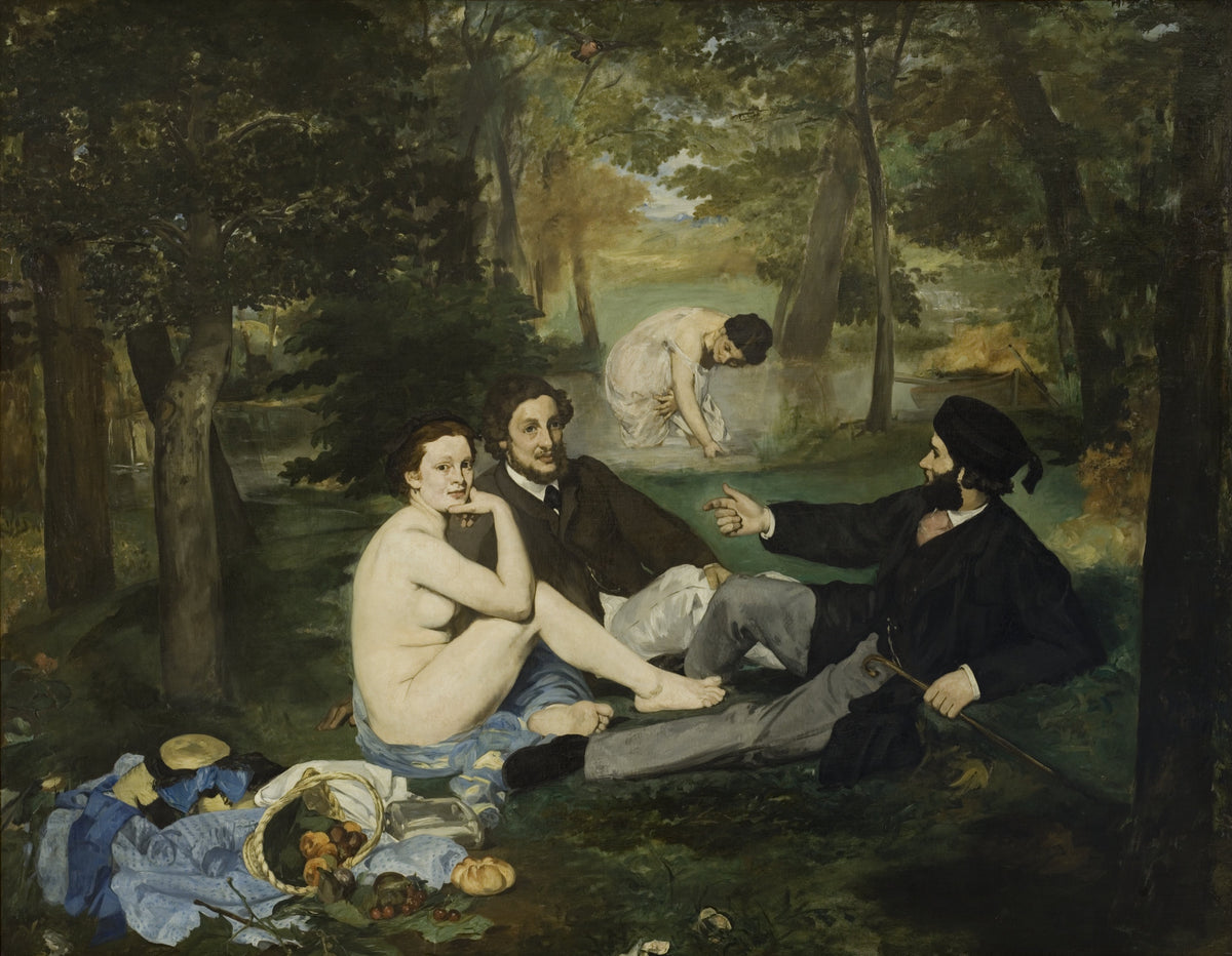 Le Déjeuner sur l’herbe by Édouard Manet: a nude woman seated on the grass with two dressed men in a wood, a bather behind