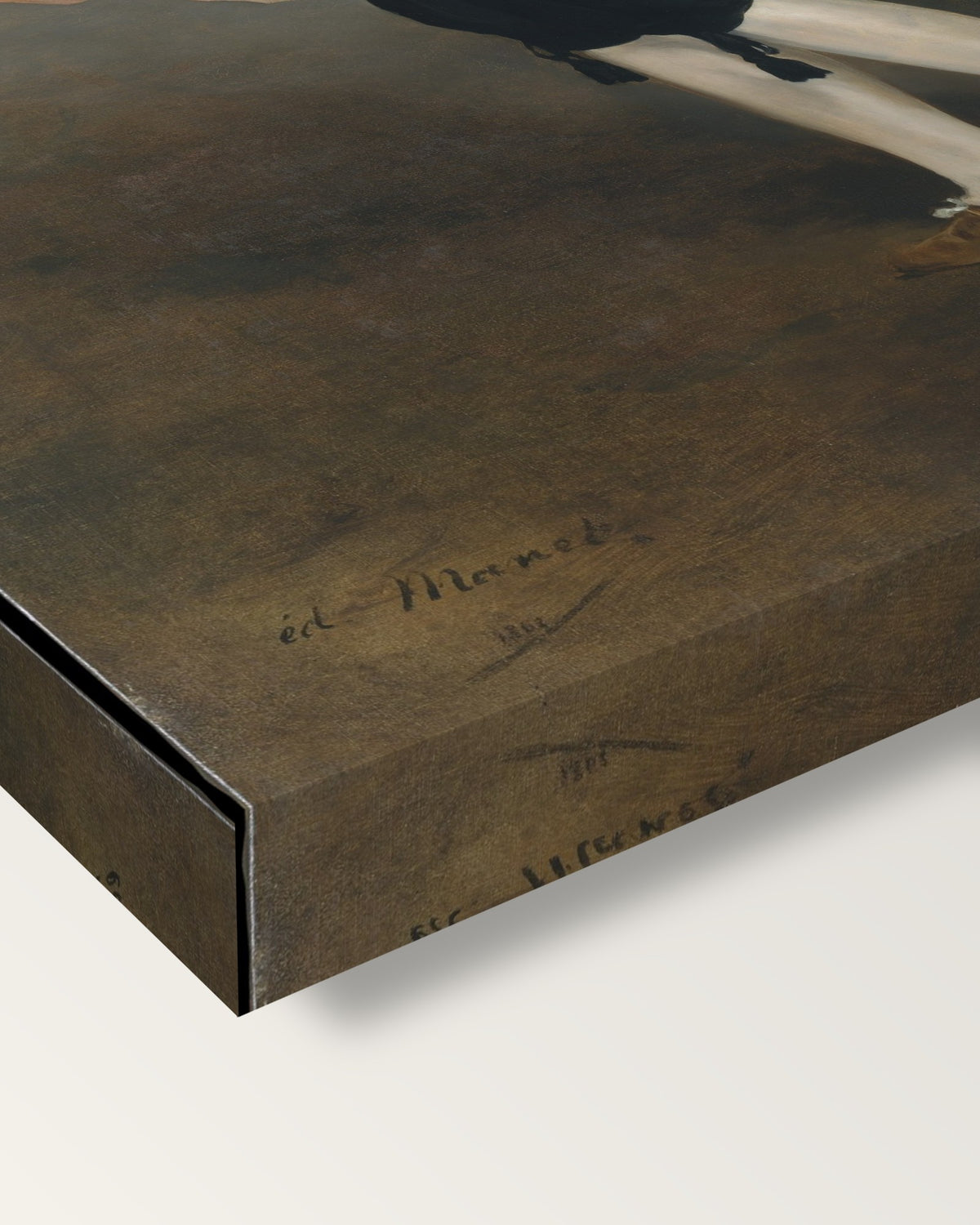 Mlle V. as an Espada by Édouard Manet on stretched canvas, corner close-up: the painting mirror-wrapped round the sides