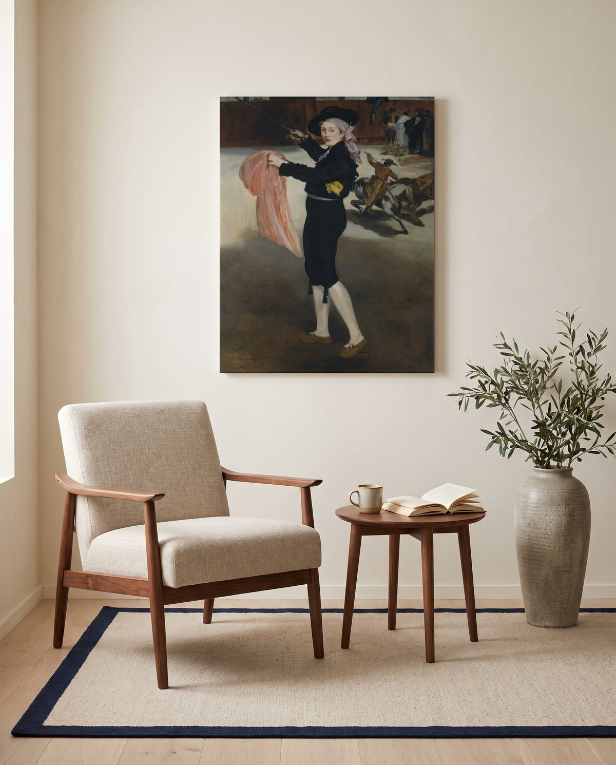 Mlle V. as an Espada by Édouard Manet as a stretched canvas above a linen lounge chair in a reading corner