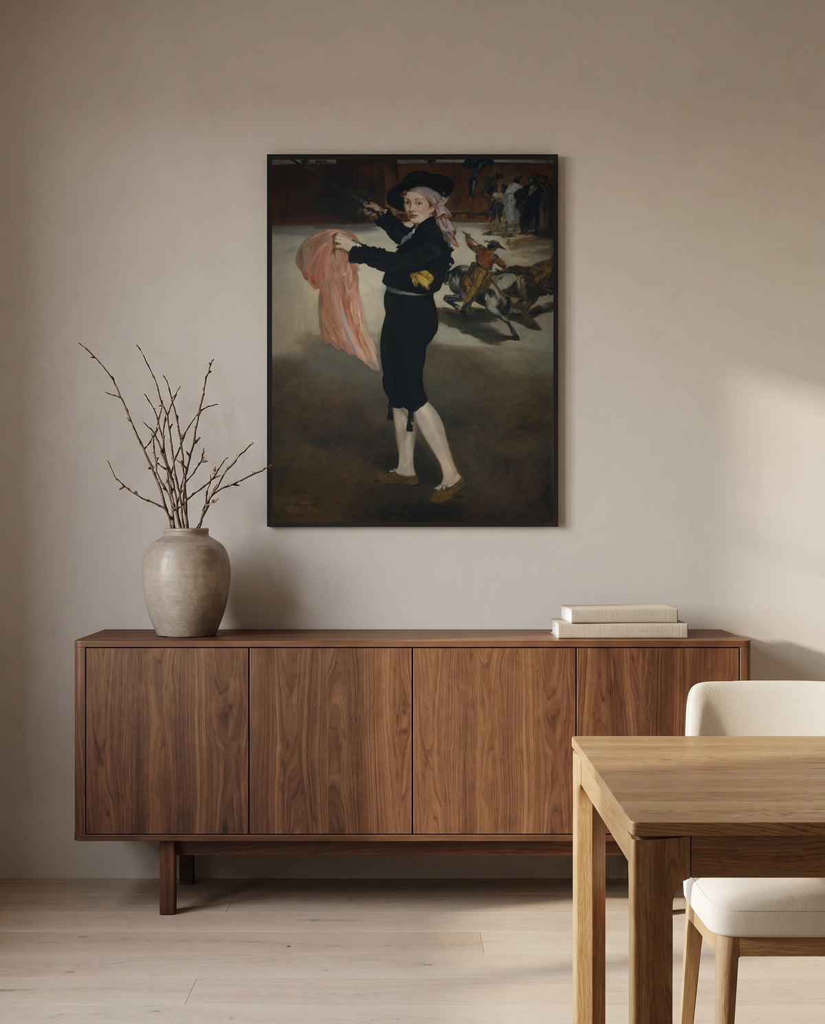 Mlle V. as an Espada by Édouard Manet in a black frame above a walnut sideboard in a dining room