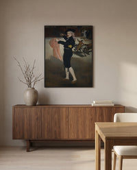 Mlle V. as an Espada by Édouard Manet in a black frame above a walnut sideboard in a dining room