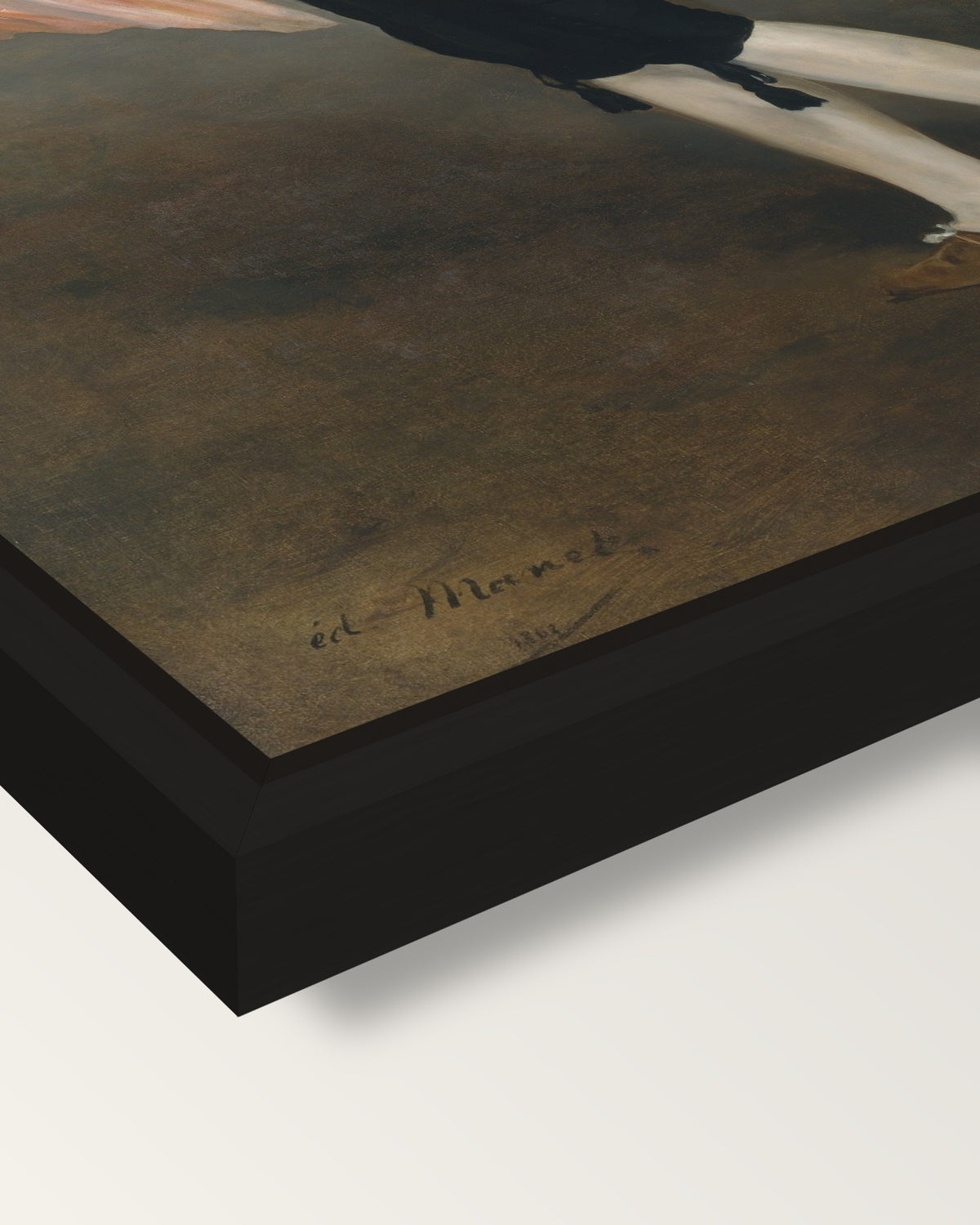 Mlle V. as an Espada by Manet framed canvas, corner close-up: a black floating frame with a shadow gap round the canvas