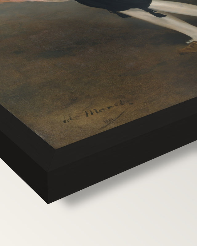 Mlle V. as an Espada by Manet framed print, corner close-up: black moulding, mitred, the print set just below its edge