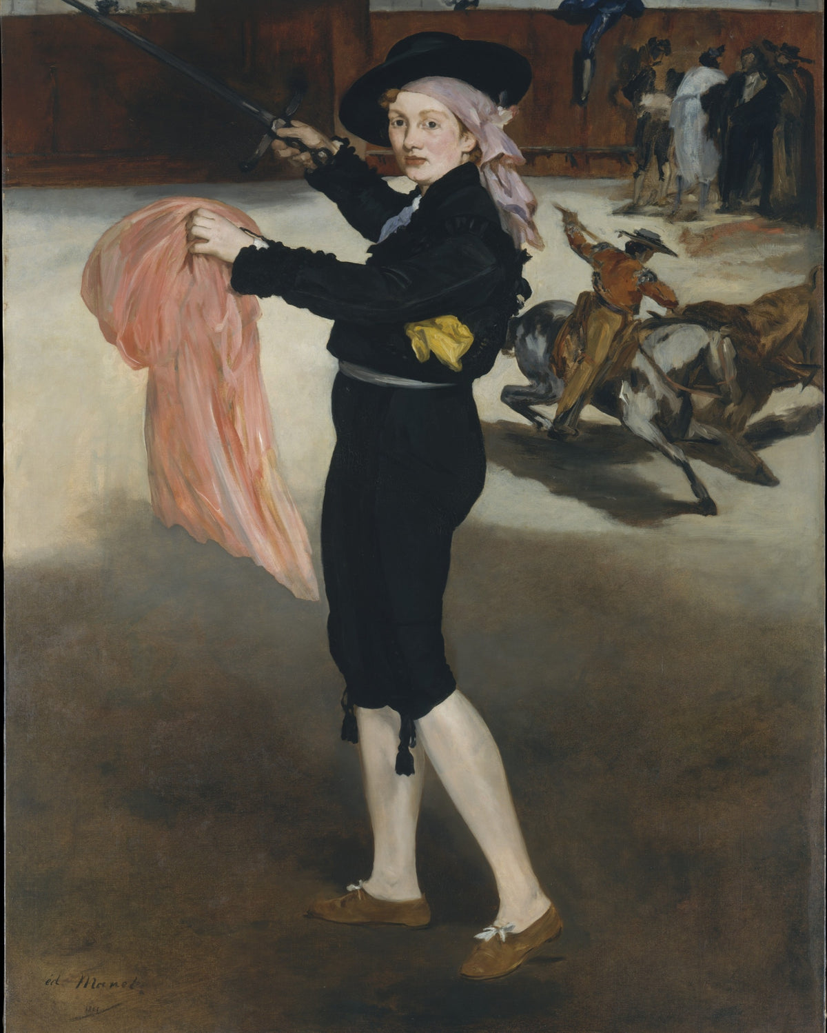 Mademoiselle V. by Édouard Manet: a woman in a black bullfighter’s costume with a sword and pink cape, a bullfight behind