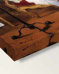 Nana by Édouard Manet on stretched canvas, corner close-up: the painting mirror-wrapped round the sides